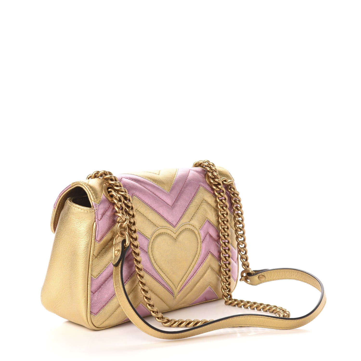 Gucci Metallic Calfskin Matelasse Small GG Marmont Shoulder Bag Gold Pink 3 of 11