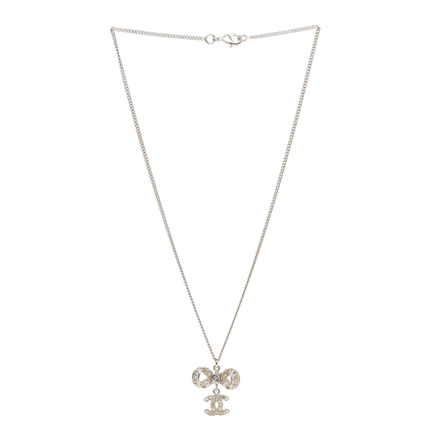 Metal Crystal CC Bow Drop Necklace Gold