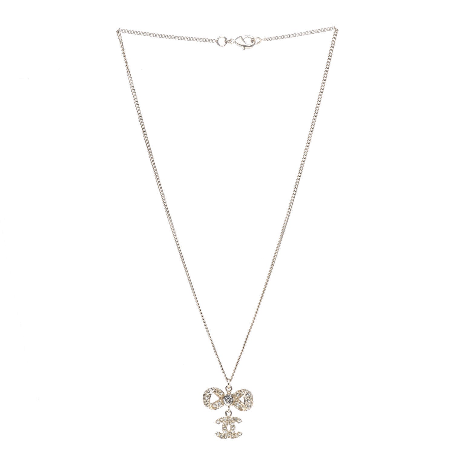 Chanel Metal Crystal CC Bow Drop Necklace Gold 2 of 4