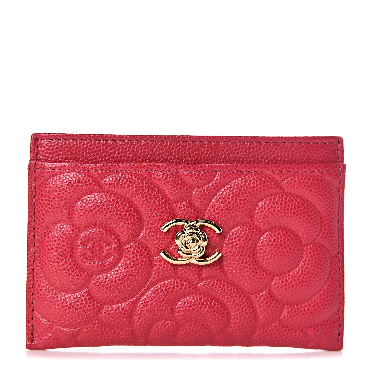 Caviar Camellia Embossed Card Holder Fuchsia