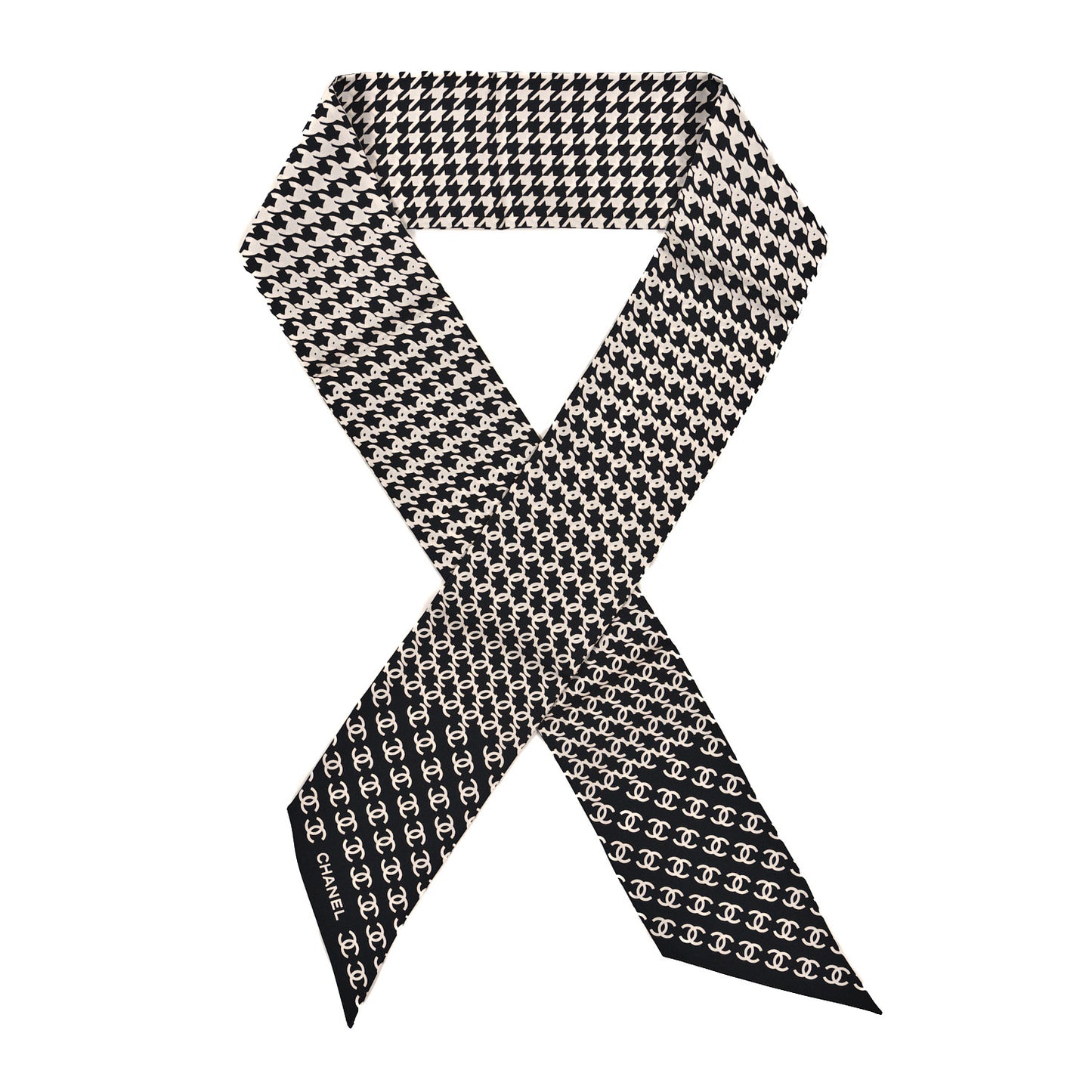 Silk Twill Houndstooth Slim Bandeau Scarf Black Ecru