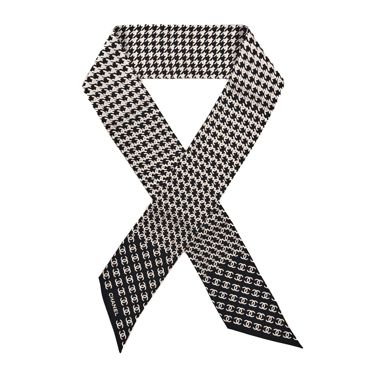 Chanel Silk Twill Houndstooth Slim Bandeau Scarf Black Ecru 1 of 3