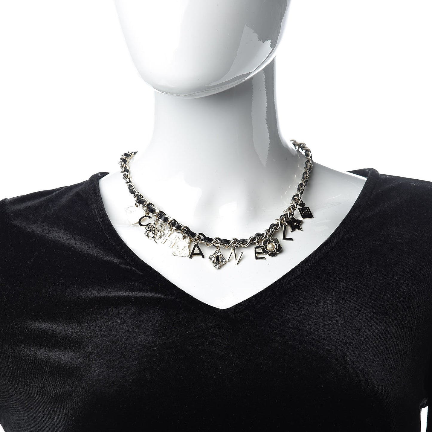 Glazed Calfskin Crystal Pearl Charm Short Necklace Black Gold