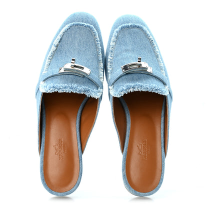 Hermes Denim Fringed Oz Mules 39 Bleu Clair 1 of 11