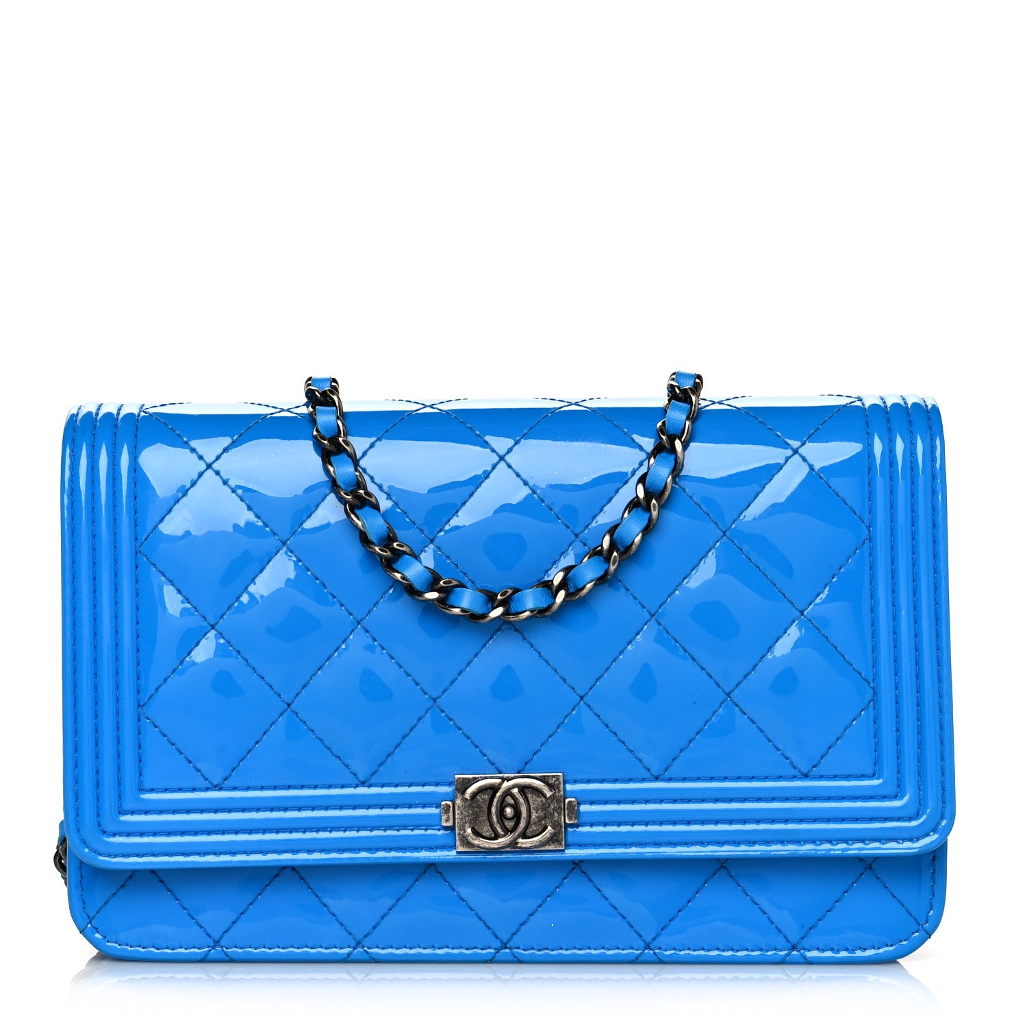 Chanel Patent Calfskin Quilted Boy Wallet On Chain WOC Blue 1 of 11