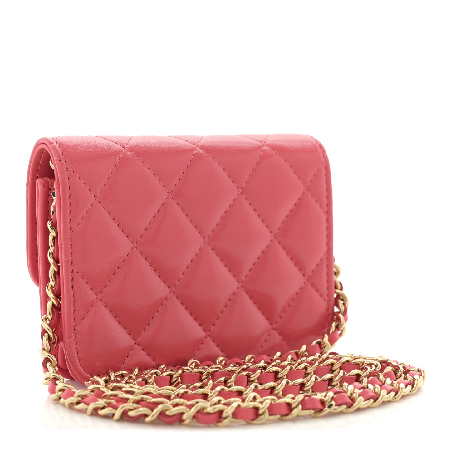 Shiny Lambskin Quilted Card Holder On Chain Pink