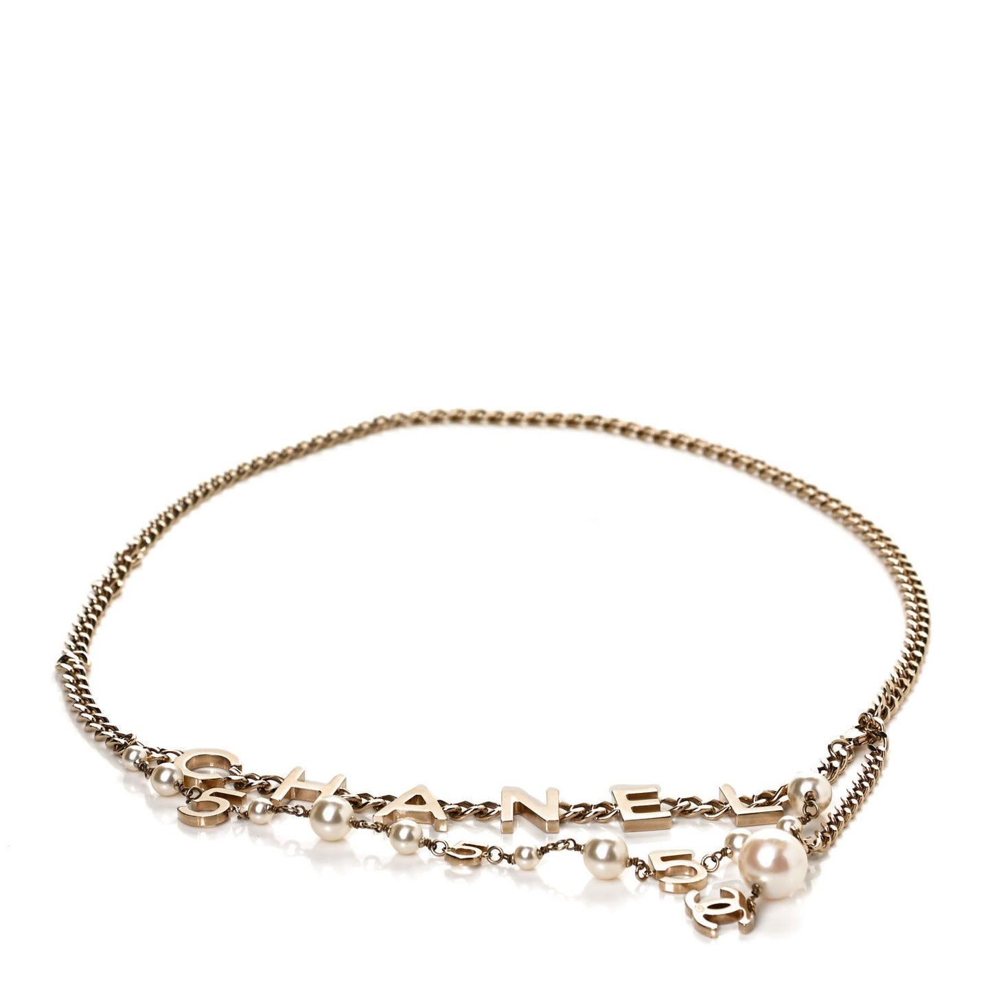 Pearl Crystal CC Logo Charm Belt Gold