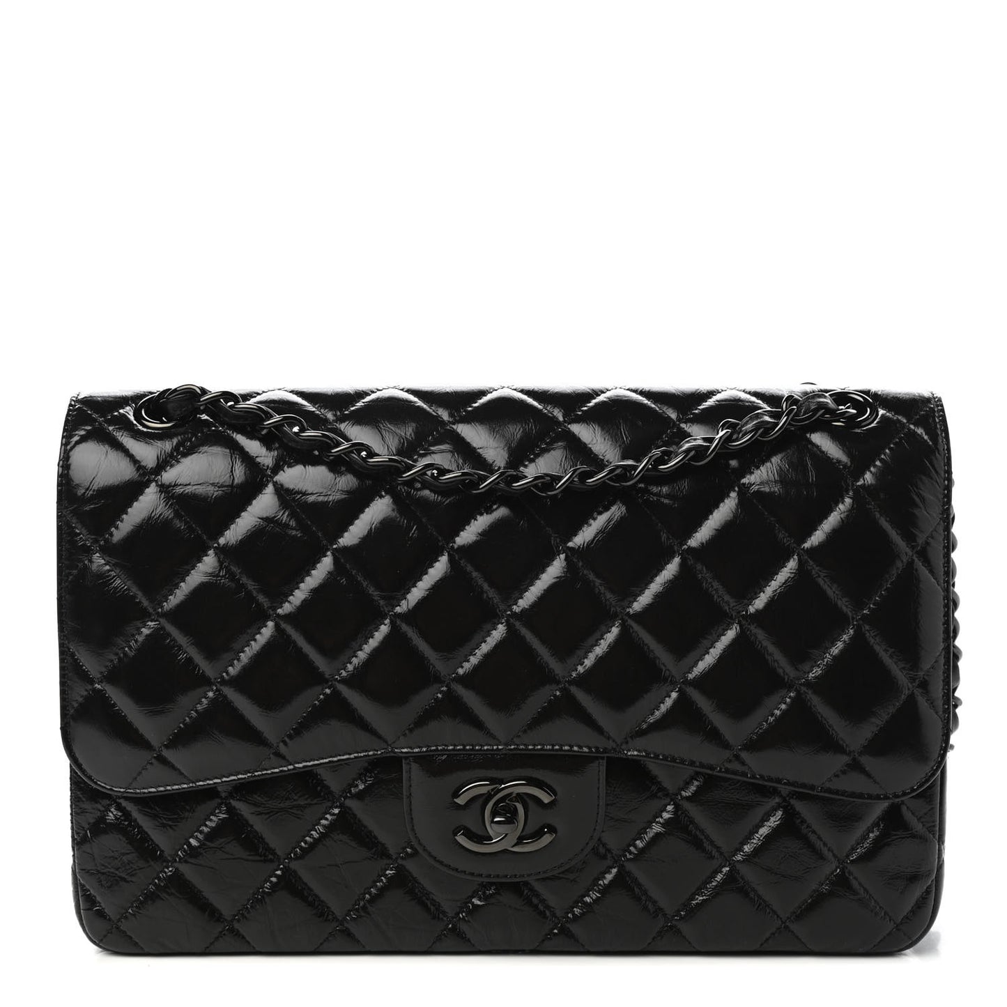 Shiny Distressed Calfskin Quilted Jumbo Double Flap So Black