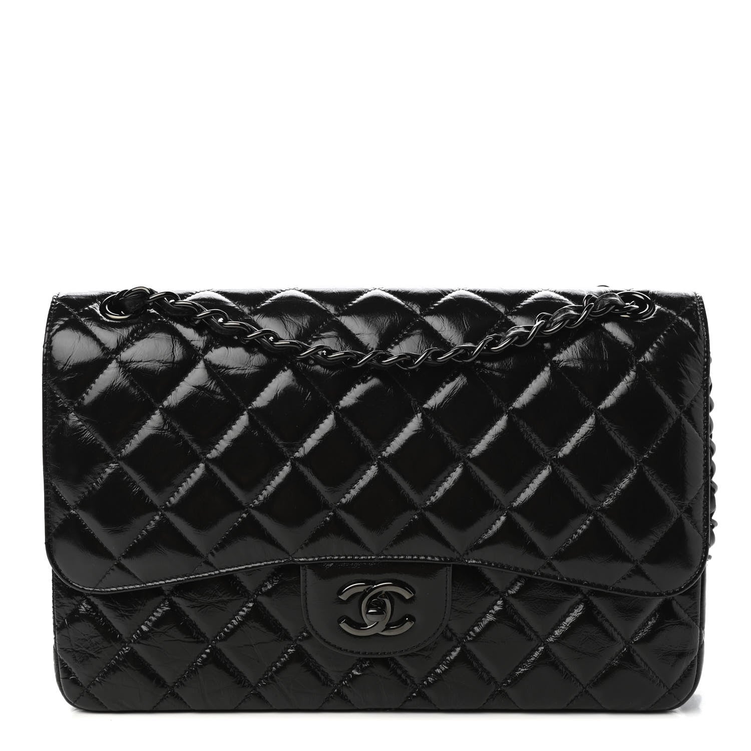 Chanel Shiny Distressed Calfskin Quilted Jumbo Double Flap So Black 1 of 11