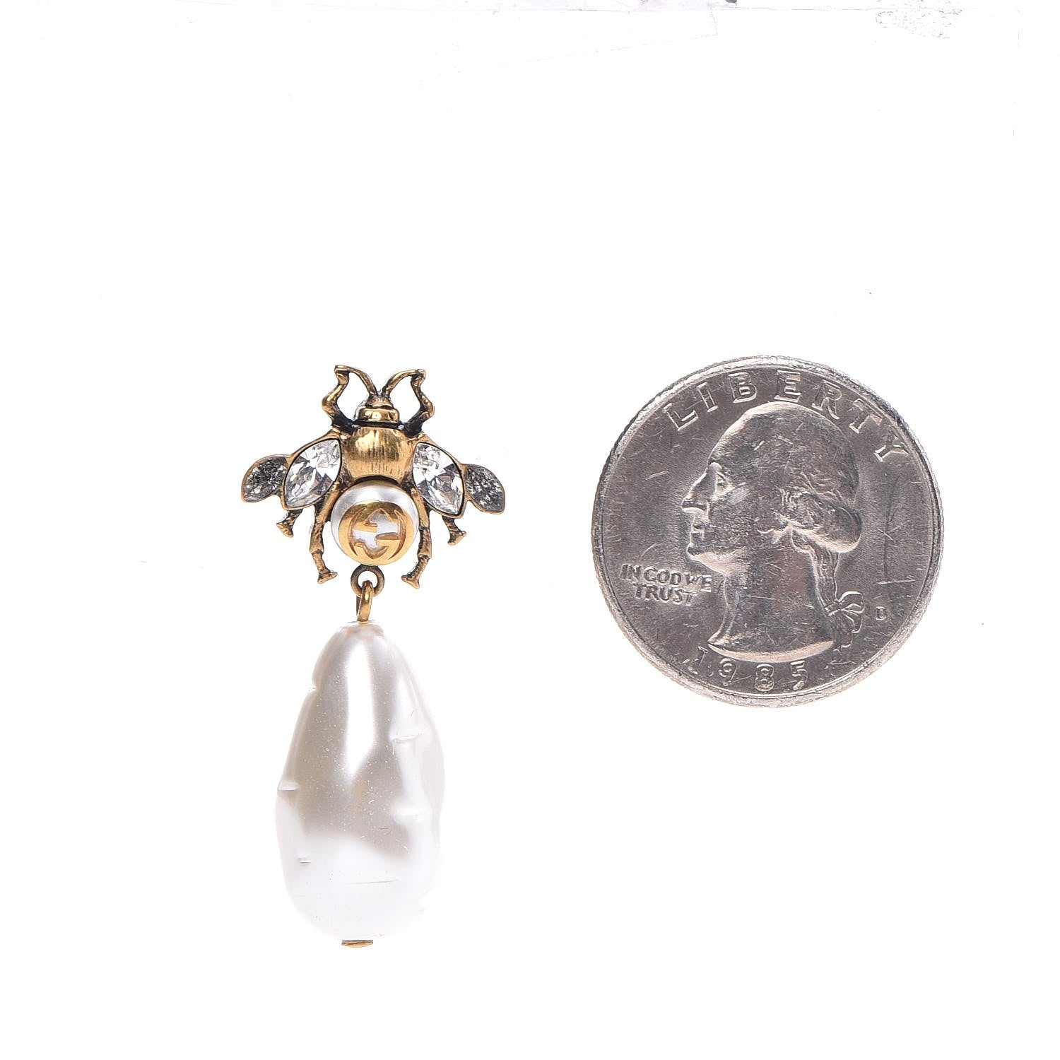 Gucci Crystal Pearl Drop Bee Earrings Gold 2 of 9