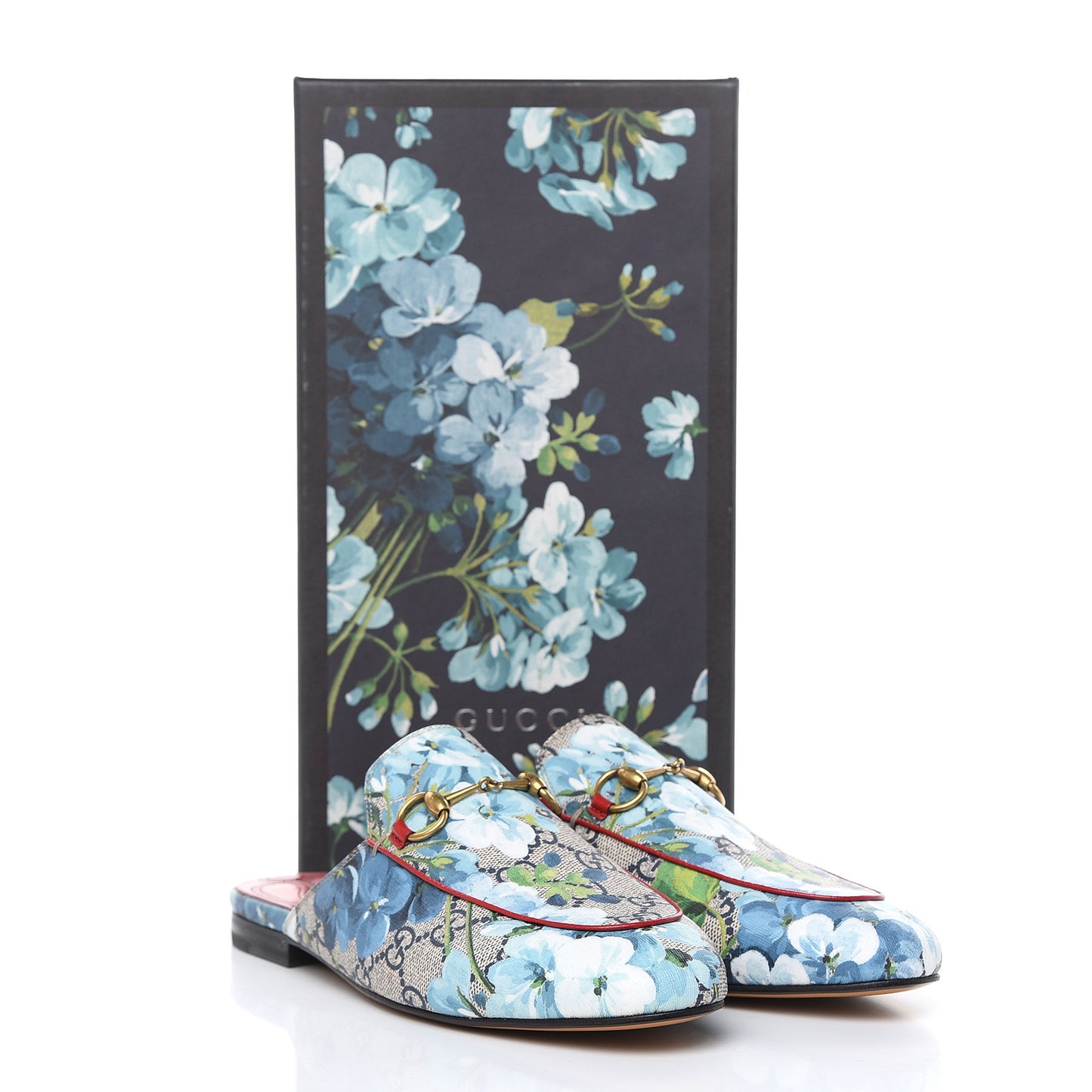 GG Supreme Monogram Blooms Womens Princetown Slippers 38 Beige Blue Navy Hibiscus Red
