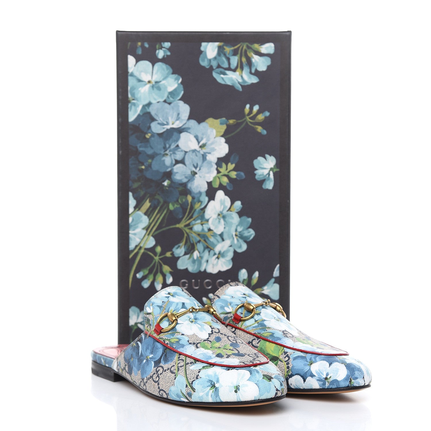 Gucci GG Supreme Monogram Blooms Womens Princetown Slippers 38 Beige Blue Navy Hibiscus Red 9 of 9