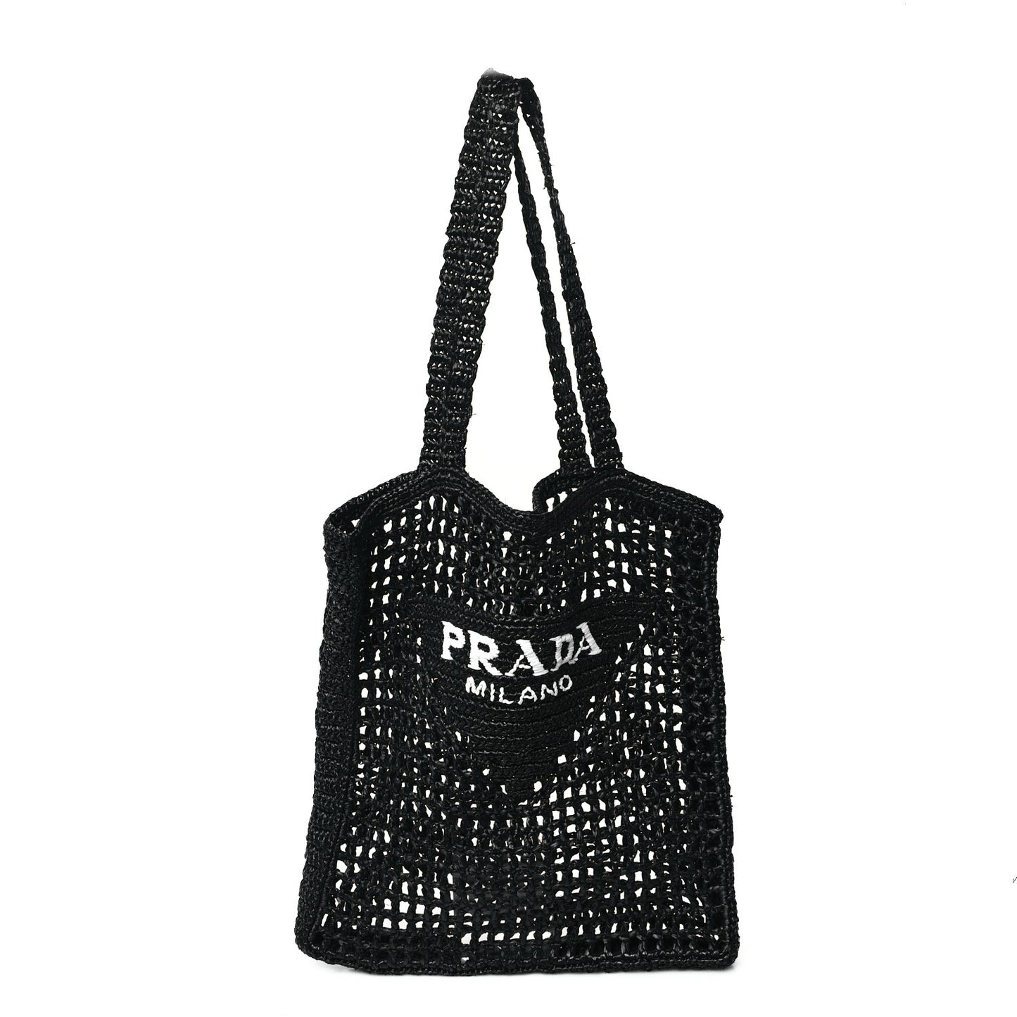 Yarn Raffia Effect Crochet Logo Embroidered Tote Bag Black
