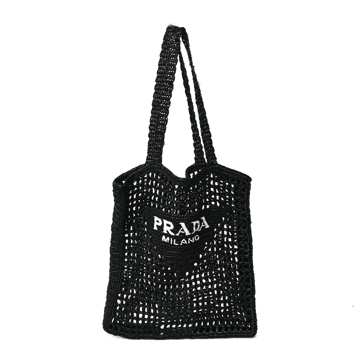 Prada Yarn Raffia Effect Crochet Logo Embroidered Tote Bag Black 1 of 12