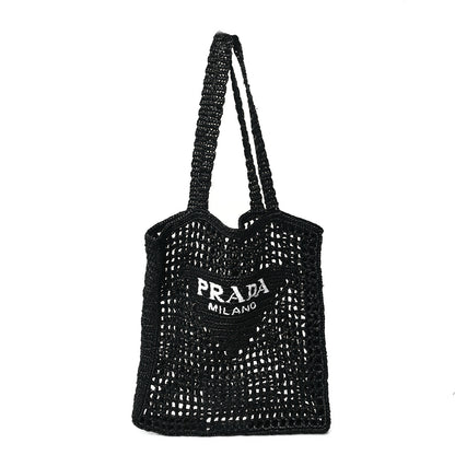 Prada Yarn Raffia Effect Crochet Logo Embroidered Tote Bag Black 1 of 12