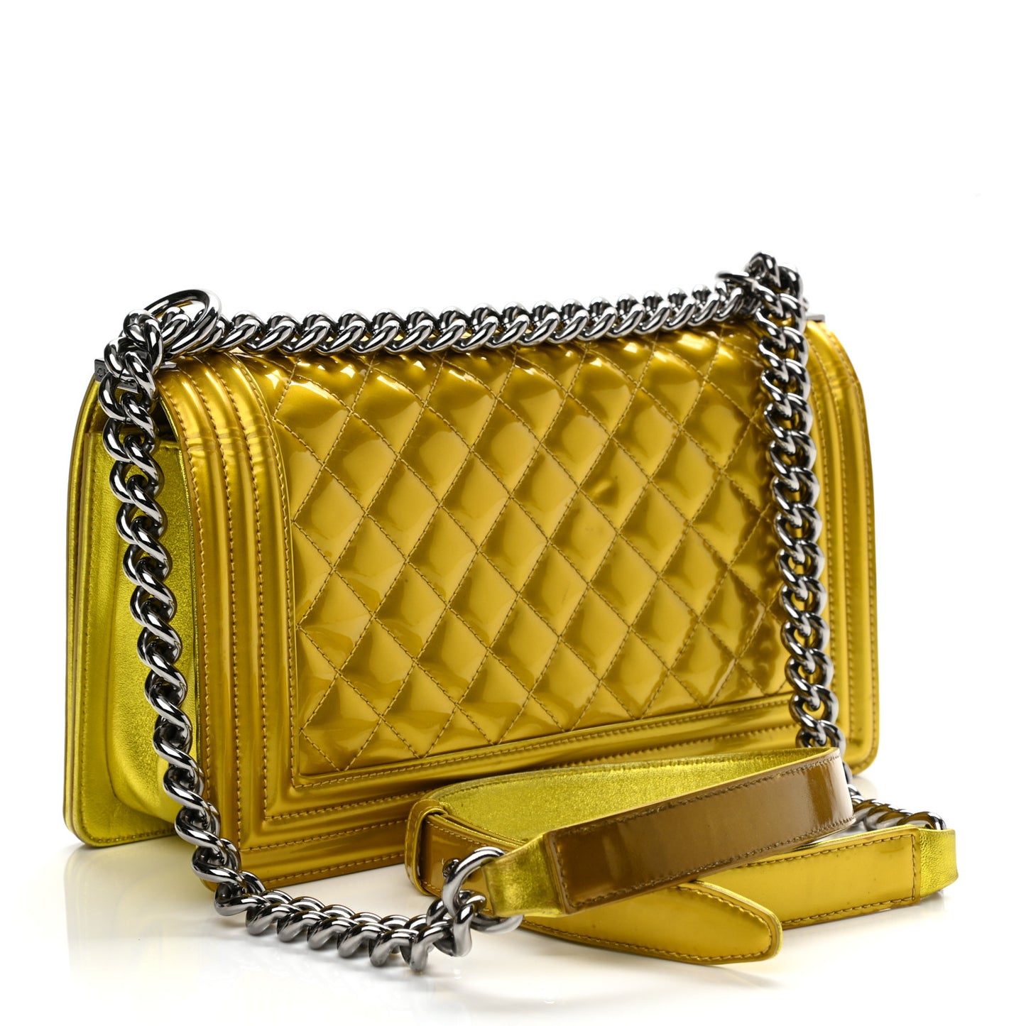 Metallic Patent Calfskin Quilted Medium Boy Flap Gold