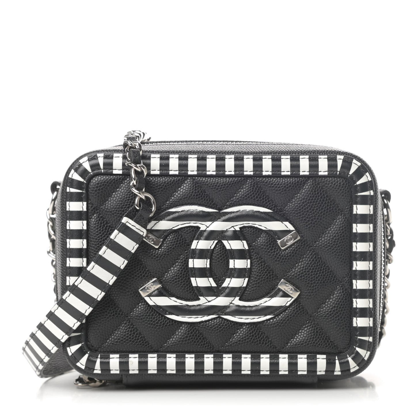 Caviar Quilted Striped Filigree Vanity Clutch With Chain Black White