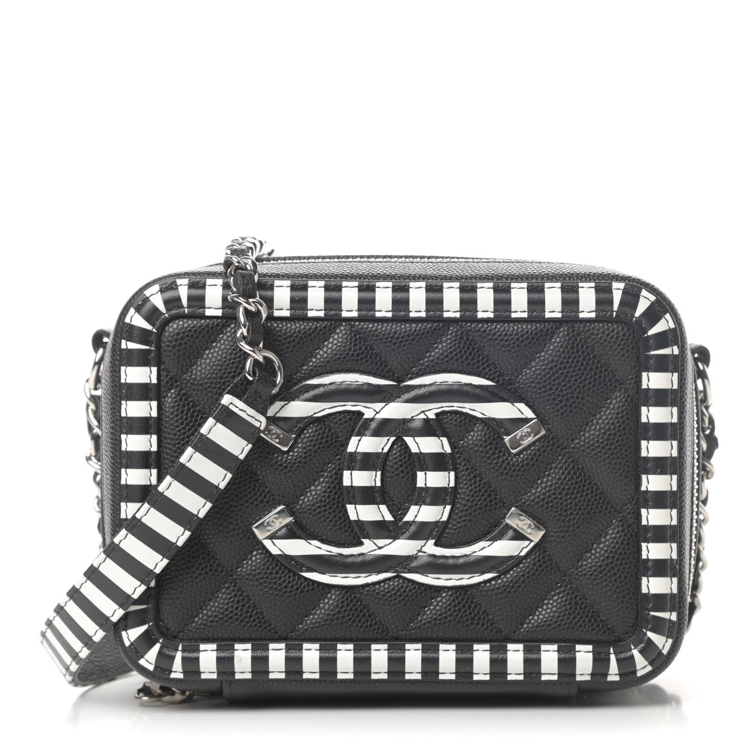 Chanel Caviar Quilted Striped Filigree Vanity Clutch With Chain Black White 1 of 10