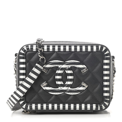 Chanel Caviar Quilted Striped Filigree Vanity Clutch With Chain Black White 1 of 10