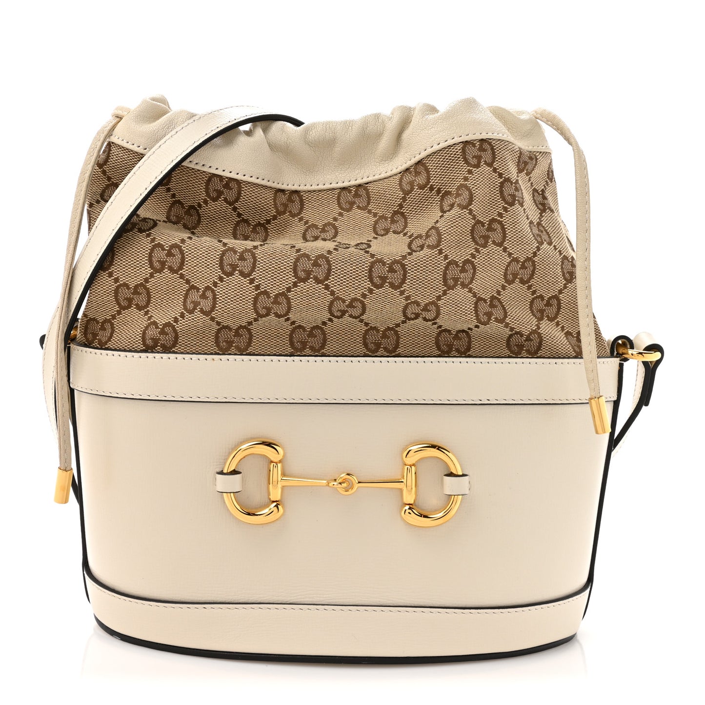 Monogram Textured Calfskin Horsebit 1955 Drawstring Bucket Bag Beige Mystic White