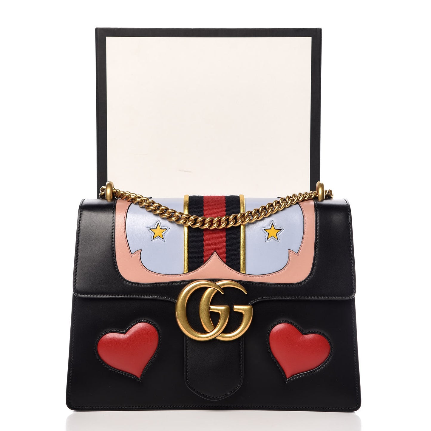 Calfskin Web Heart Medium GG Marmont Chain Handle Bag Black