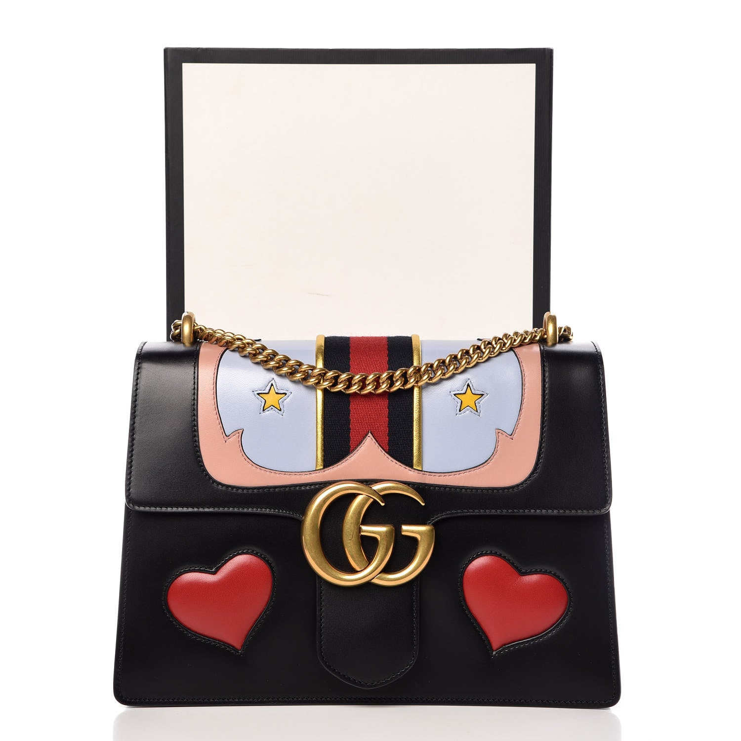Gucci Calfskin Web Heart Medium GG Marmont Chain Handle Bag Black 12 of 12