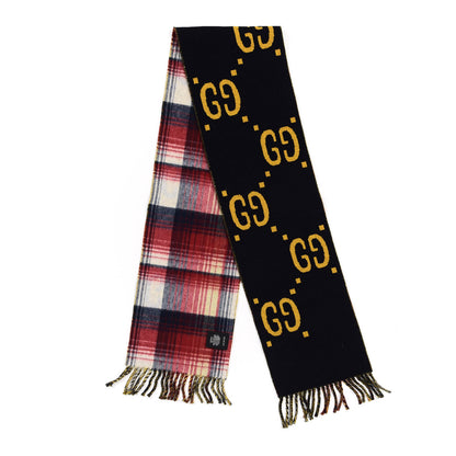 Gucci Wool GG Monogram Plaid Tartan Free Scarf Navy Red 2 of 4