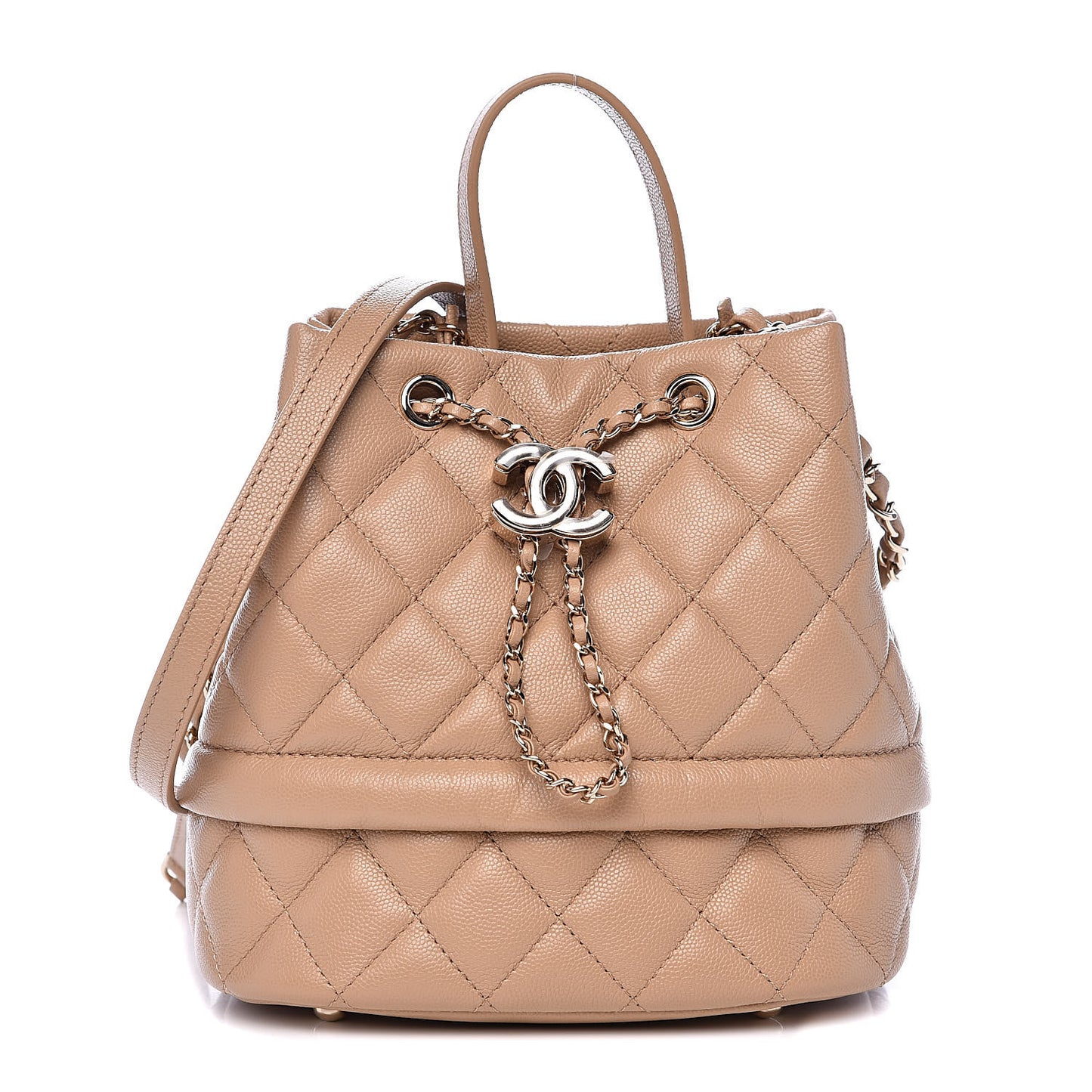 Caviar Quilted Rolled Up Bucket Drawstring Bag Beige