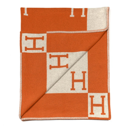 Hermes Wool Cashmere Signature Classic Avalon Blanket Ecru Potiron 2 of 3
