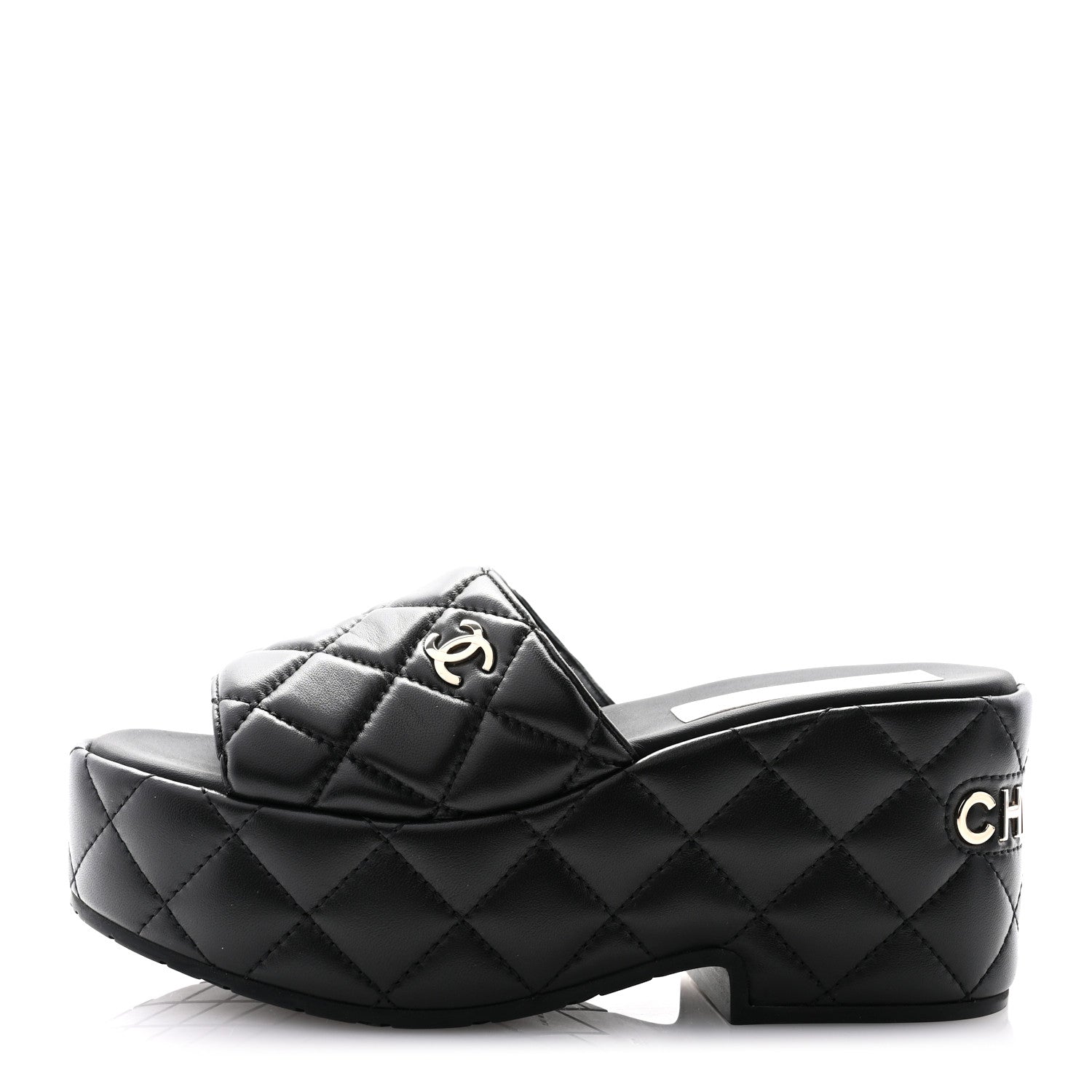 Chanel Lambskin Quilted CC Mules Wedge Sandals 35 Black 1 of 8