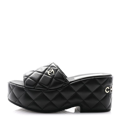 Chanel Lambskin Quilted CC Mules Wedge Sandals 35 Black 1 of 8
