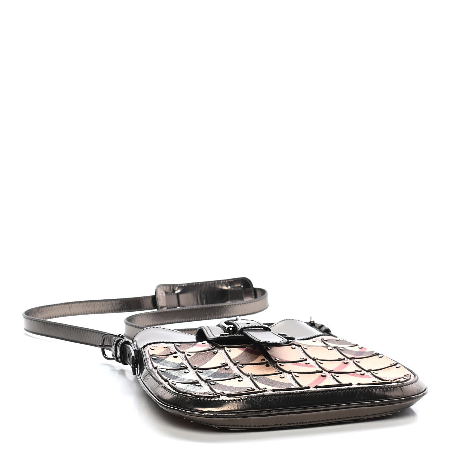 Burberry Metallic Patent Studded Nova Check Patchwork Crossbody Pewter 4 of 8