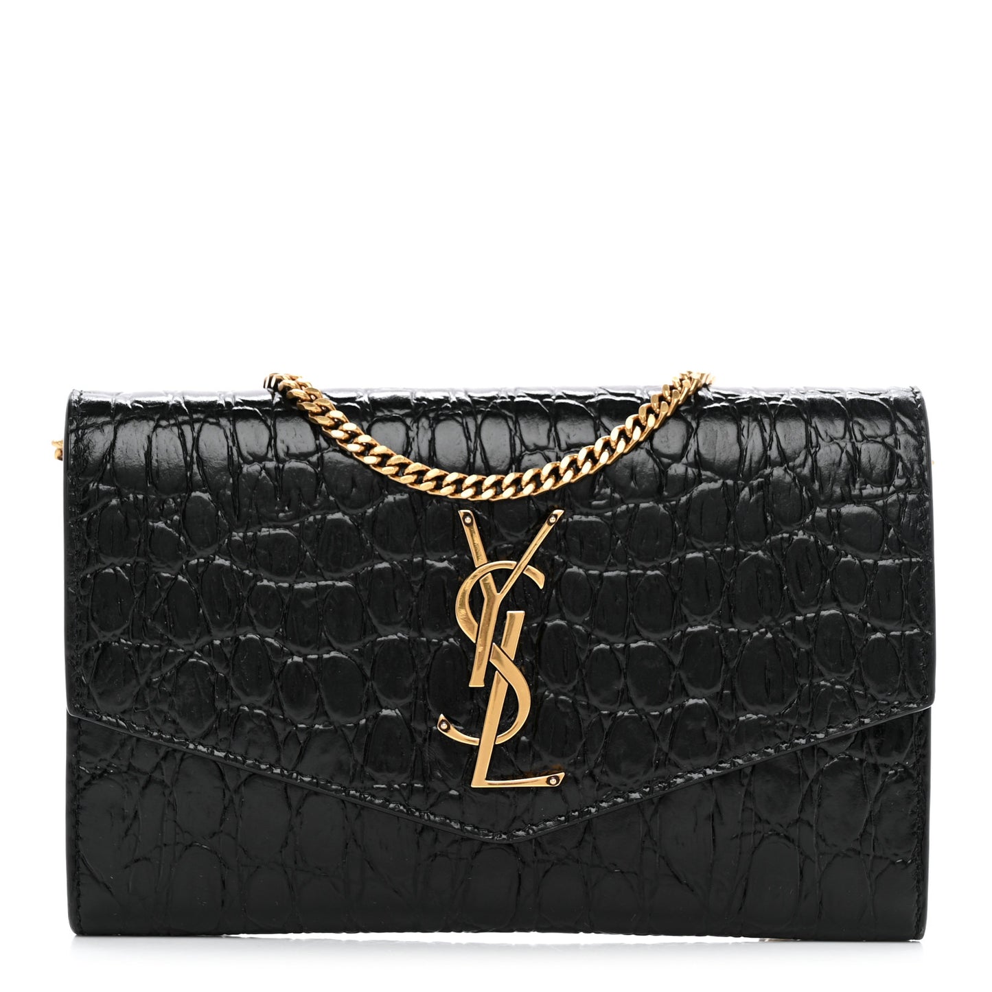 Calfskin Crocodile Embossed Monogram Uptown Chain Wallet Black