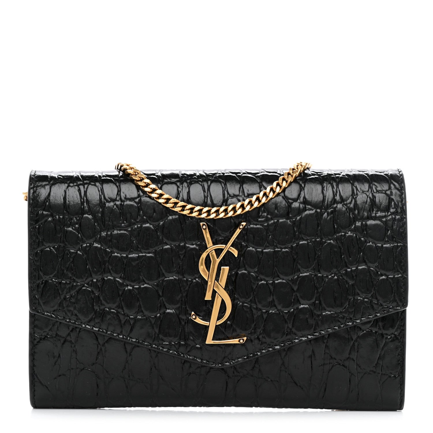 Saint Laurent Calfskin Crocodile Embossed Monogram Uptown Chain Wallet Black 1 of 13