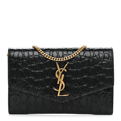 Saint Laurent Calfskin Crocodile Embossed Monogram Uptown Chain Wallet Black 1 of 13