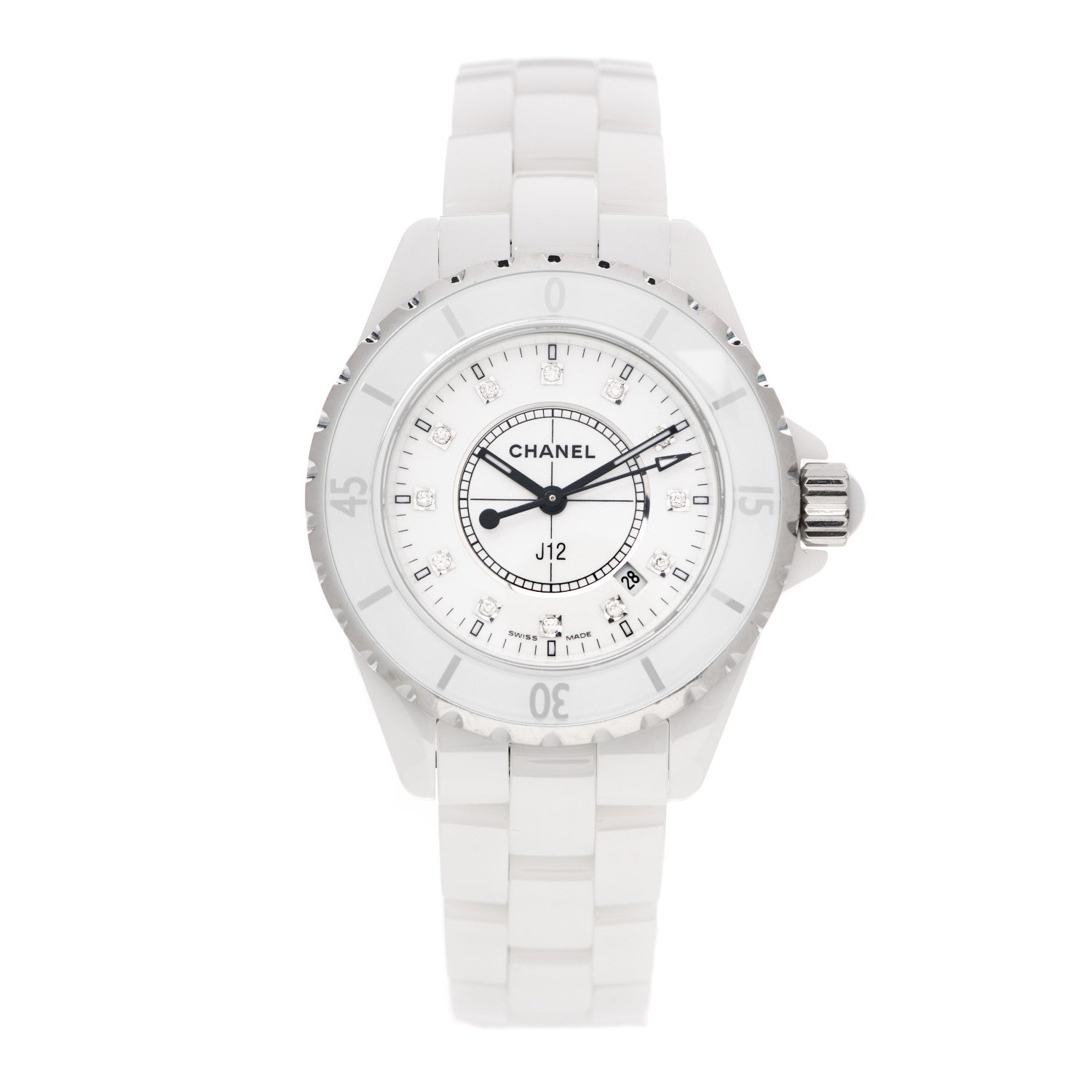 Chanel Stainless Steel Ceramic Diamond 33mm J12 Quartz Watch White 1 of 5