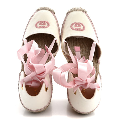 Gucci Canvas Grossgrain Embroidered Judit Ankle Wrap Platform 35/120mm Espadrille Wedges 40.5 White Shell 2 of 10