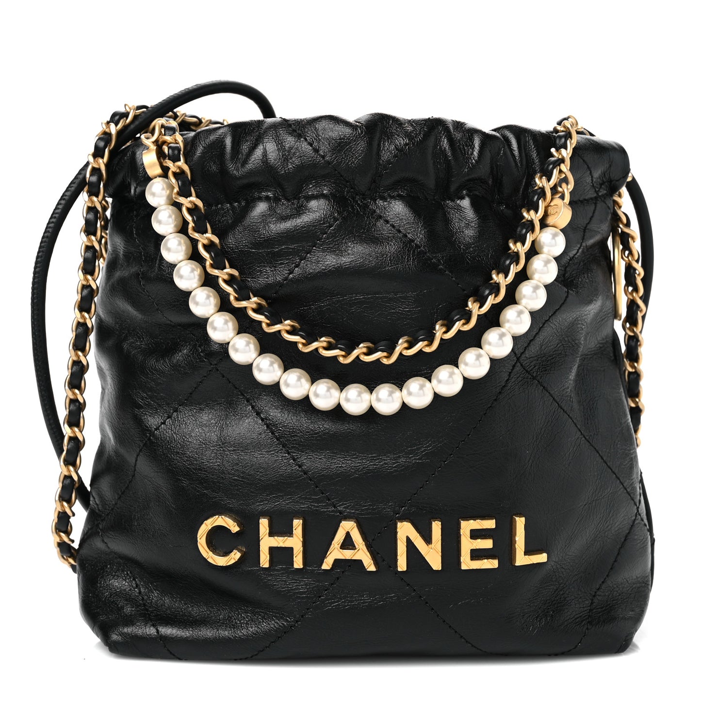 Shiny Crumpled Calfskin Quilted Pearl Mini Chanel 22 Black