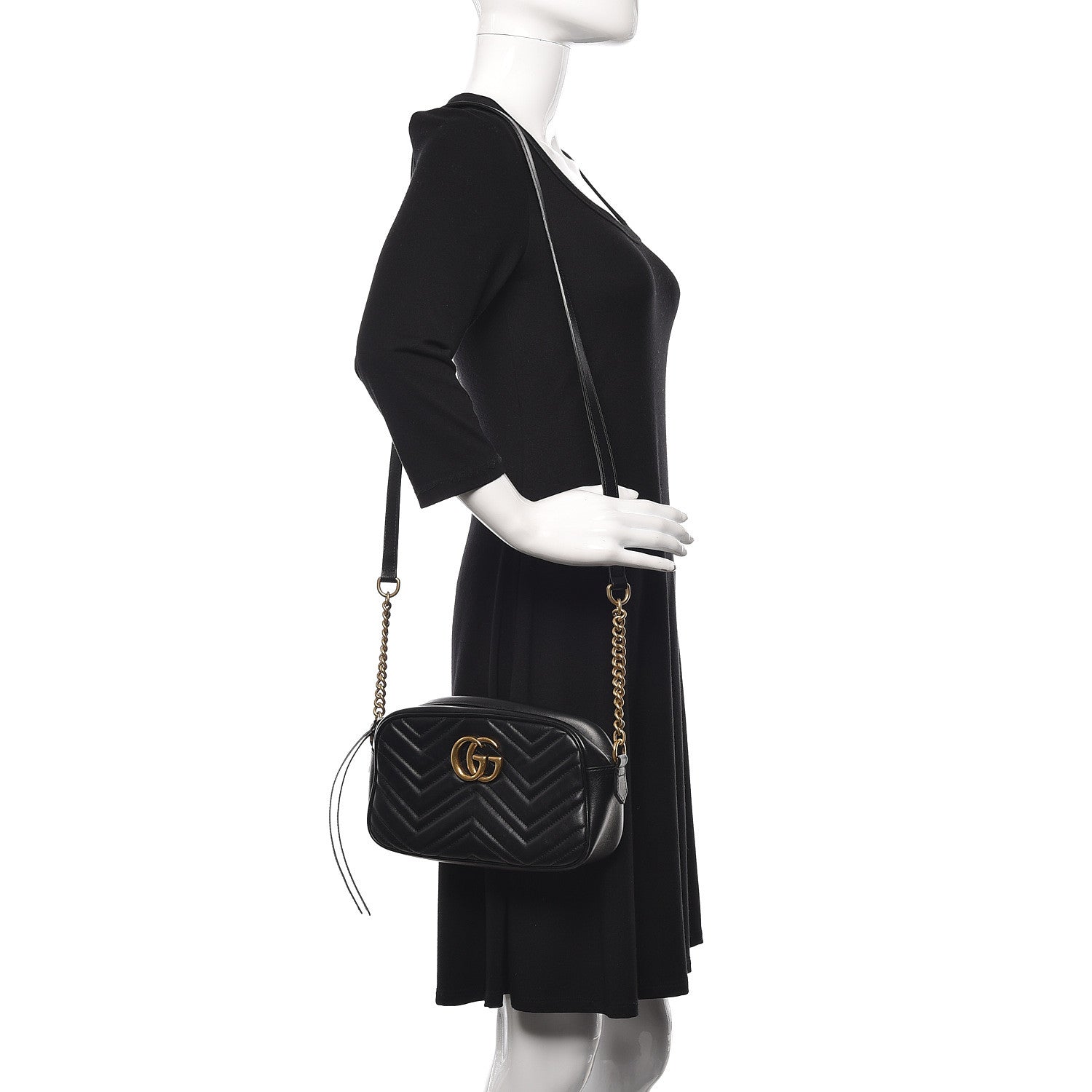 Gucci Calfskin Matelasse Small GG Marmont Chain Shoulder Bag Black 2 of 14
