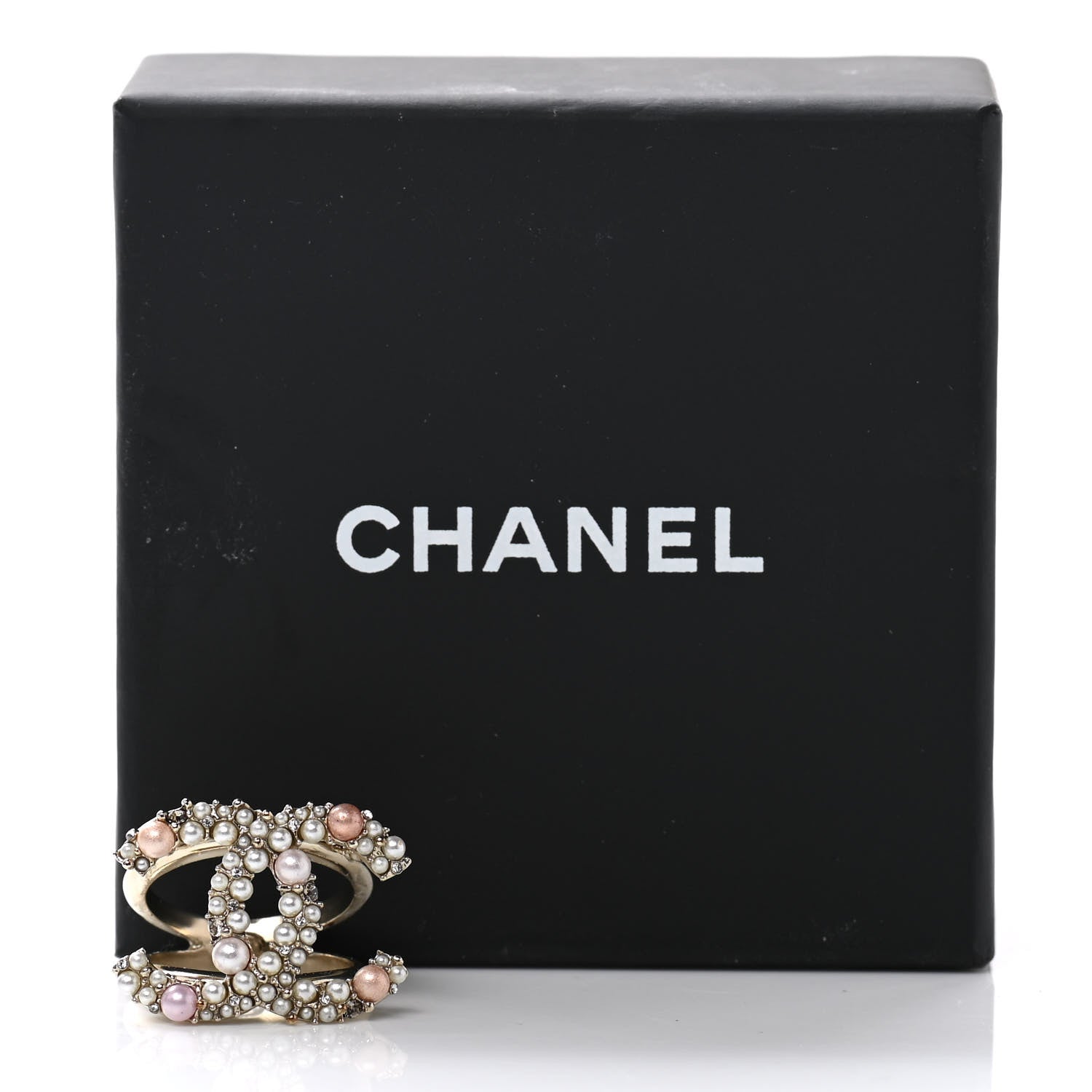 Chanel Pearl Crystal CC Charms Ring 6.25 Light Gold Pink 6 of 6