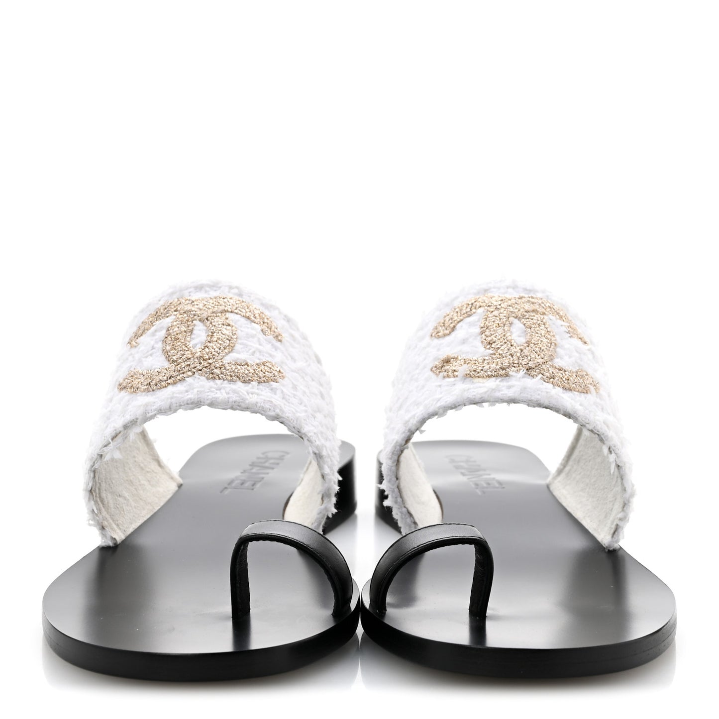 Cotton Tweed Fabric Lambskin CC Thong Sandal 40 White Gold Black