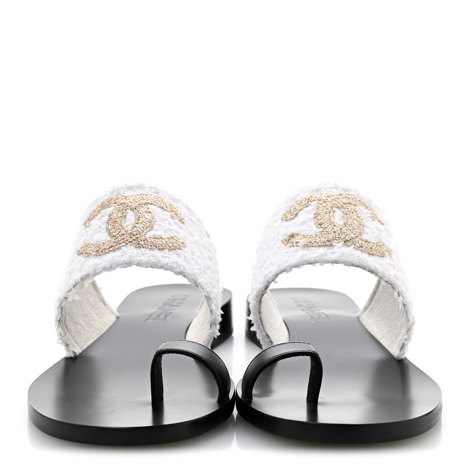 Chanel Cotton Tweed Fabric Lambskin CC Thong Sandal 40 White Gold Black 3 of 10