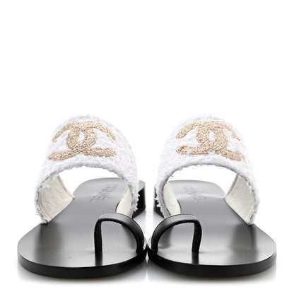 Chanel Cotton Tweed Fabric Lambskin CC Thong Sandal 40 White Gold Black 3 of 10