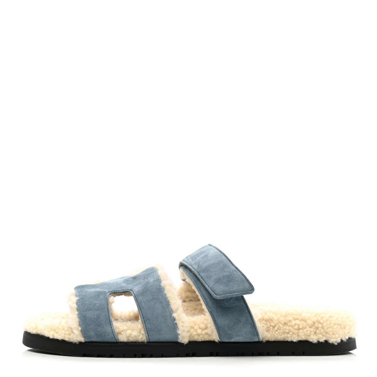 Hermes Suede Goatskin Woolskin Womens Chypre Sandals 40.5 Bleu Pinede Ecru 1 of 9