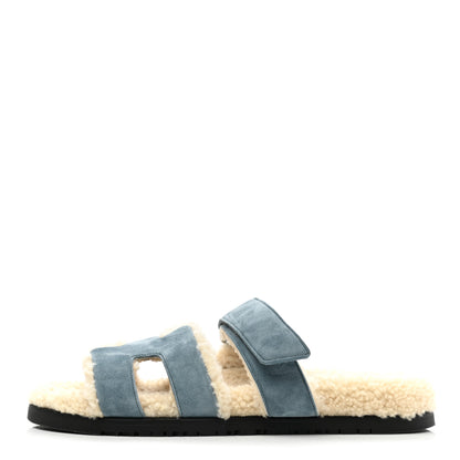 Hermes Suede Goatskin Woolskin Womens Chypre Sandals 40.5 Bleu Pinede Ecru 1 of 9