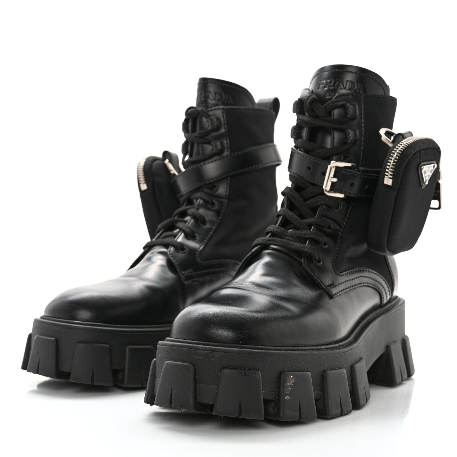 Prada Spazzolato Rois Nylon Metal Triangle Logo Monolith Pouch Pocket 55mm Boots 39 Black 3 of 12