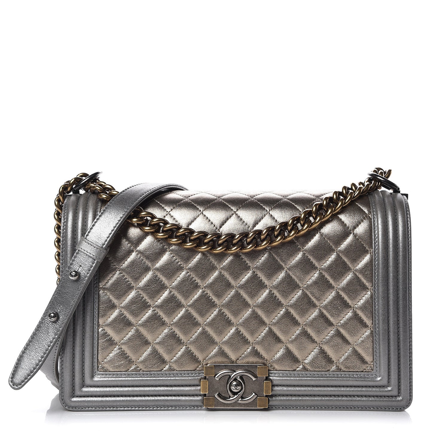 Metallic Calfskin Quilted New Medium Boy Flap Khaki