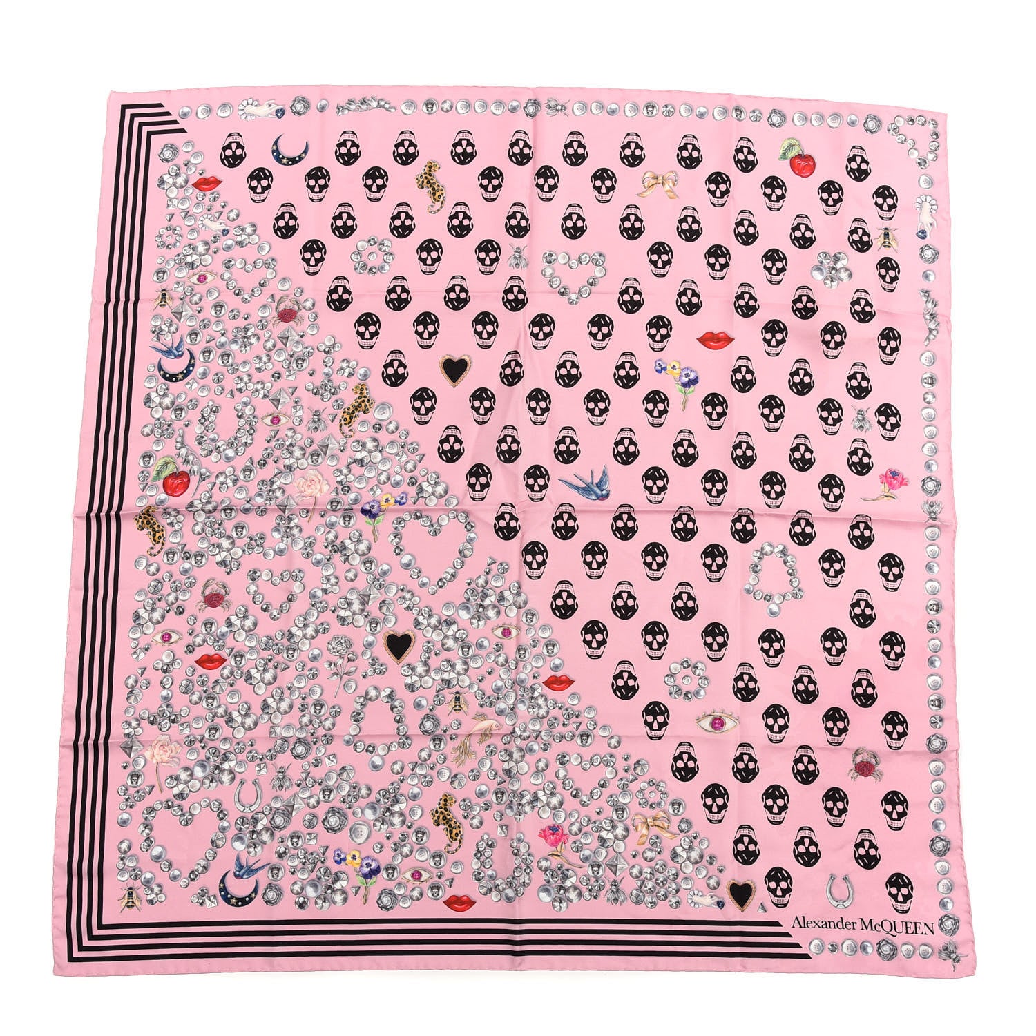 Alexander McQueen Silk Chiffon Jeweled Button Biker Skull Scarf Pink 1 of 3
