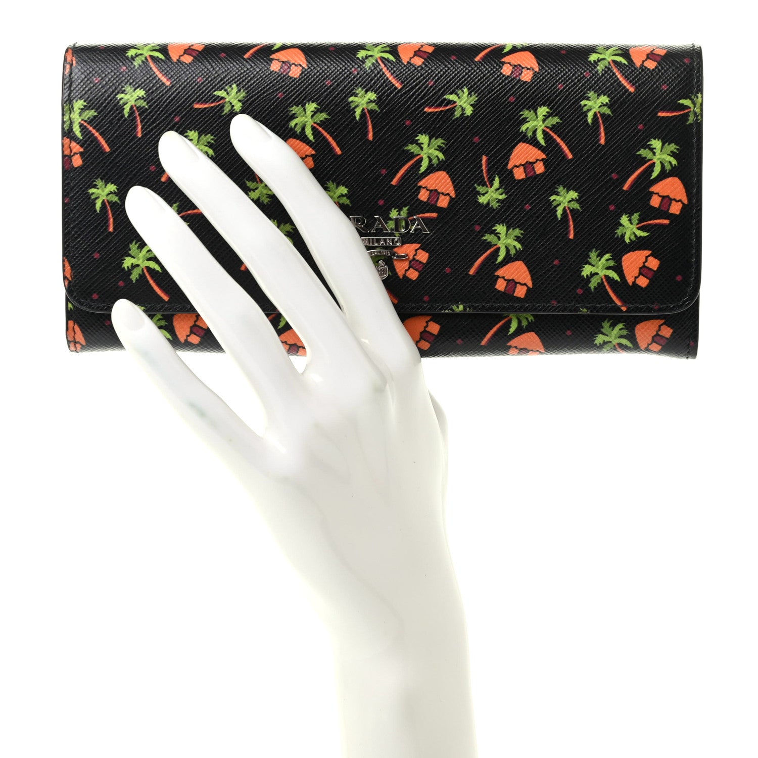 Prada Saffiano Palm Tree Print Continental Flap Wallet Black 2 of 5