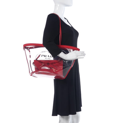 Prada Plexiglass Calfskin Small Shopper Tote Rosso 2 of 9